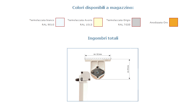 Colori Disponibili a Magazzino e Ingombri Totali per Tenda mod. S/78
