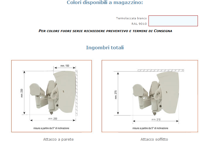 Ingombri Totali e Colori Disponibili